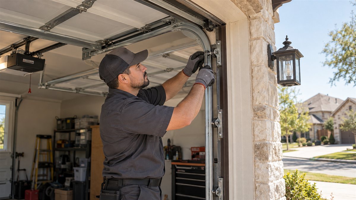 Garage door technician servicing the track and roller system
